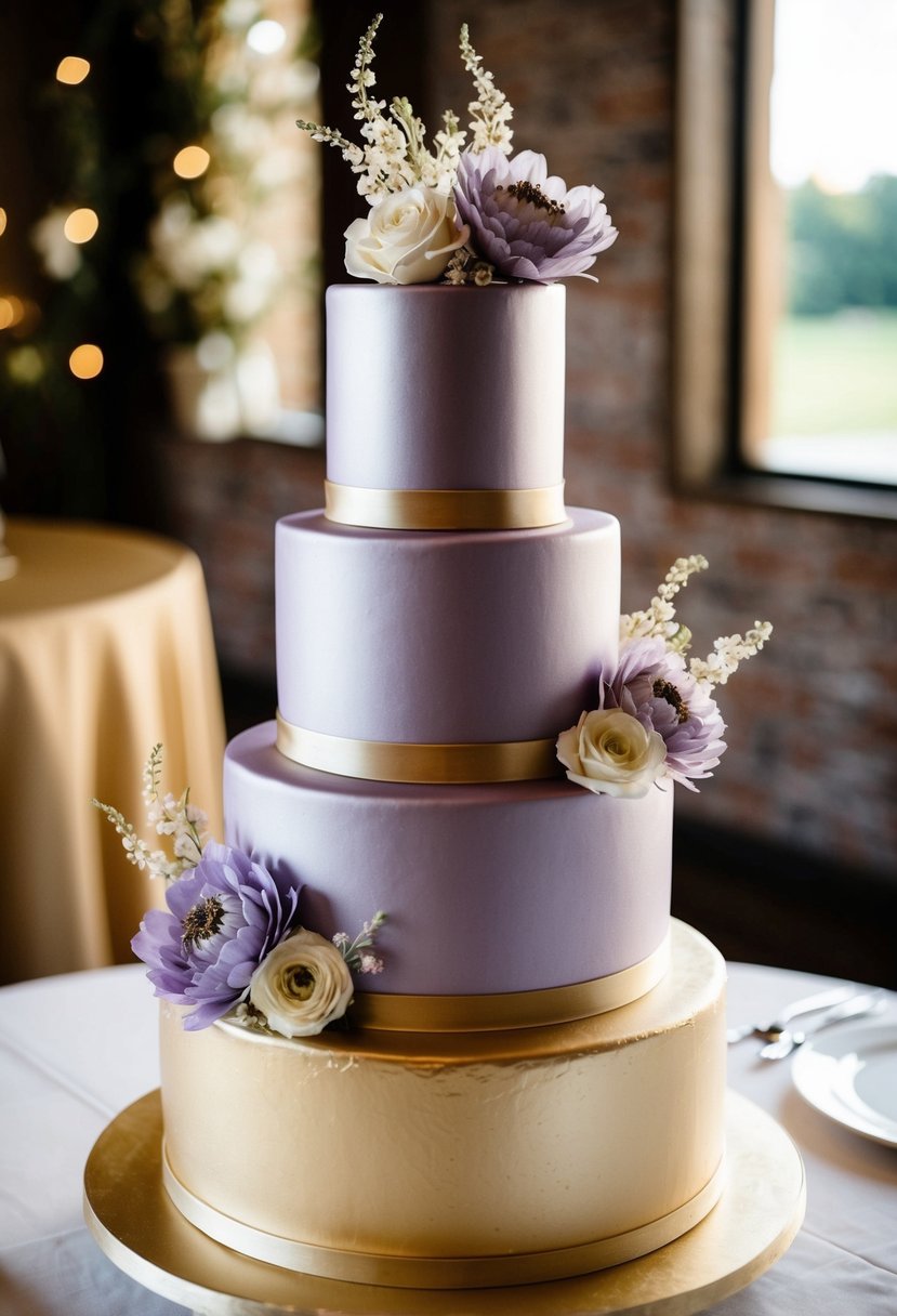 A three-tiered lavender and gold metallic wedding cake adorned with delicate floral accents