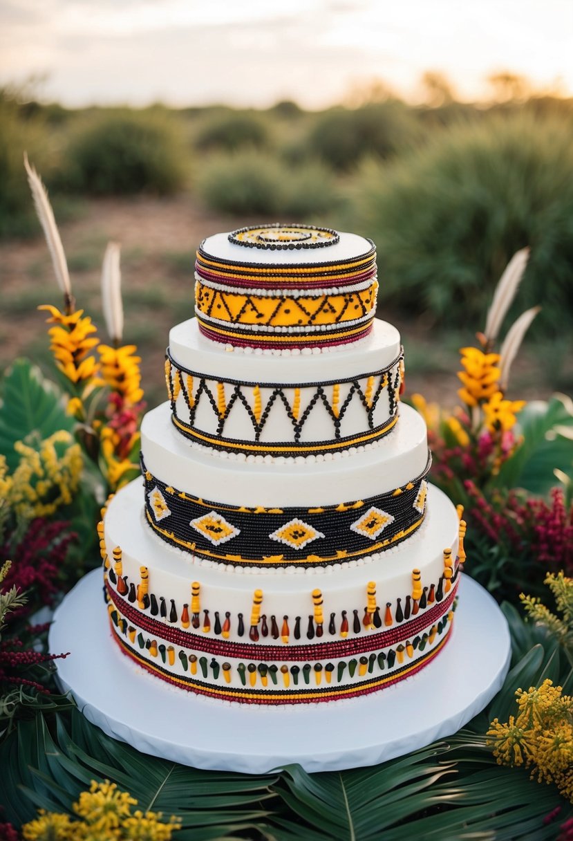 A tiered cake adorned with Maasai beadwork and patterns, surrounded by traditional Kenyan flora and fauna