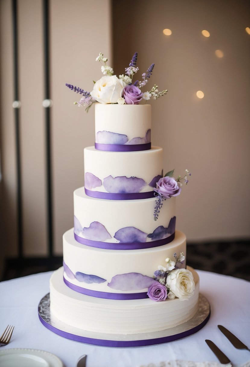 A three-tiered wedding cake adorned with watercolor lavender hues and delicate floral accents