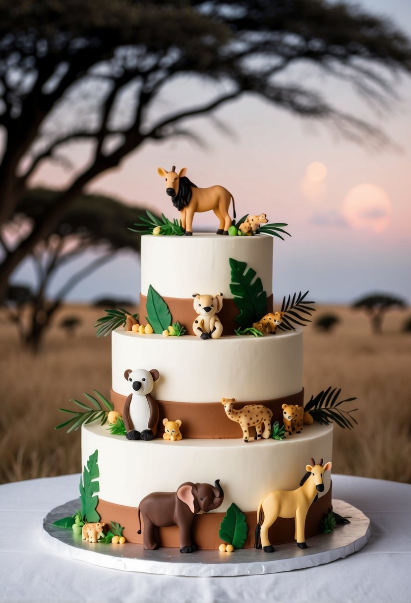A three-tiered cake adorned with fondant animals and safari foliage, set against a backdrop of the Kenyan savanna