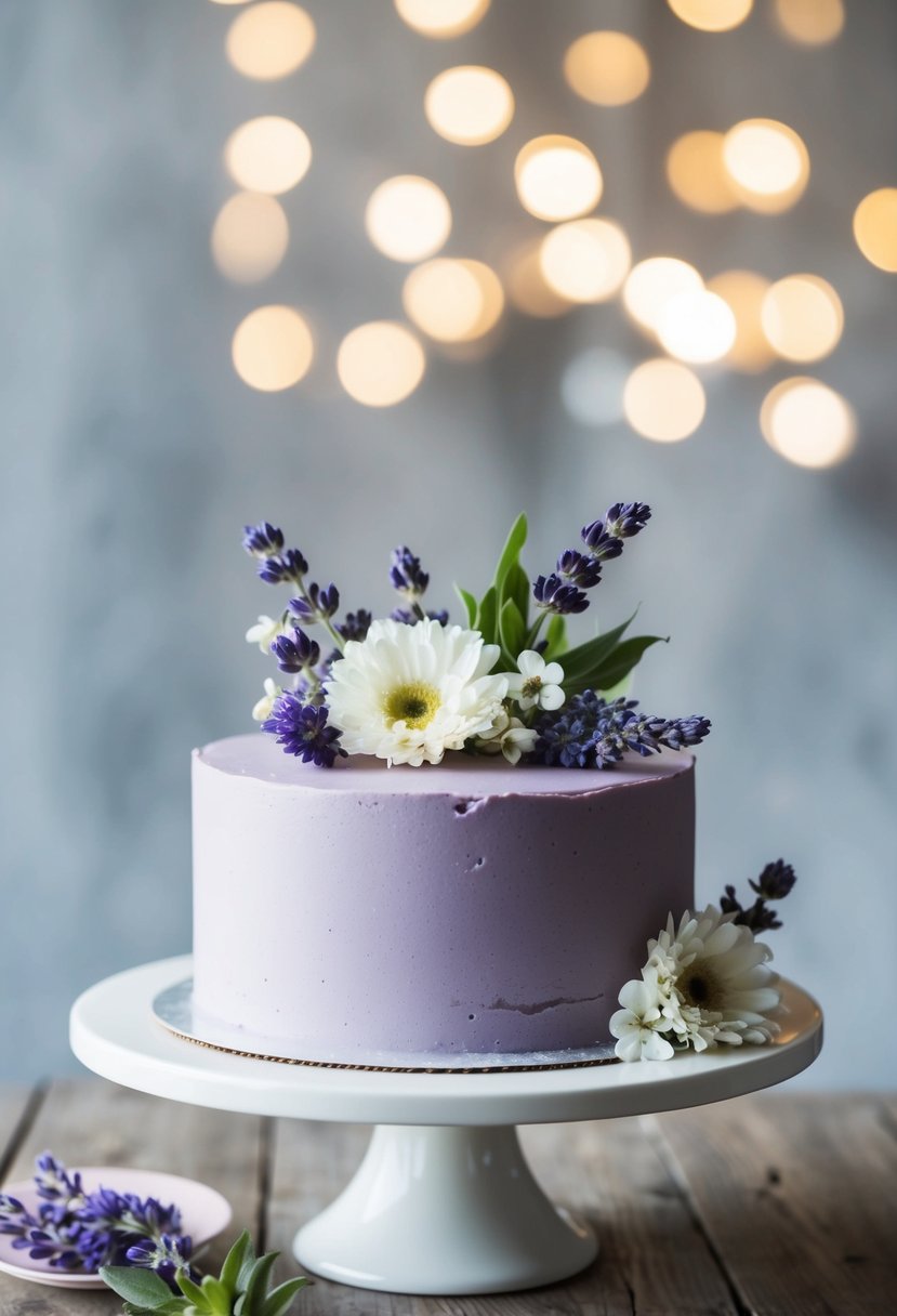 A simple lavender cake adorned with fresh flowers