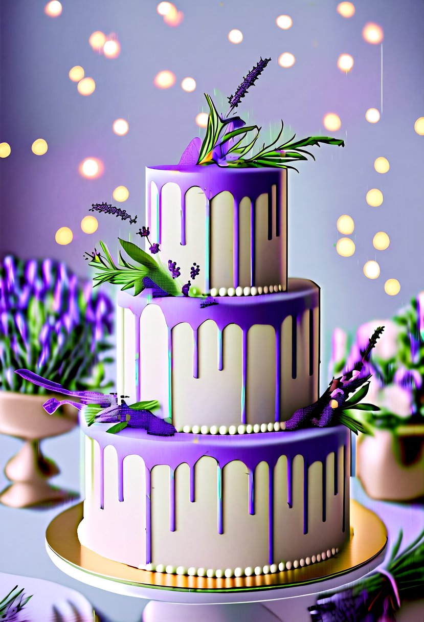 A three-tiered lavender drip cake adorned with fresh lavender sprigs and delicate edible flowers