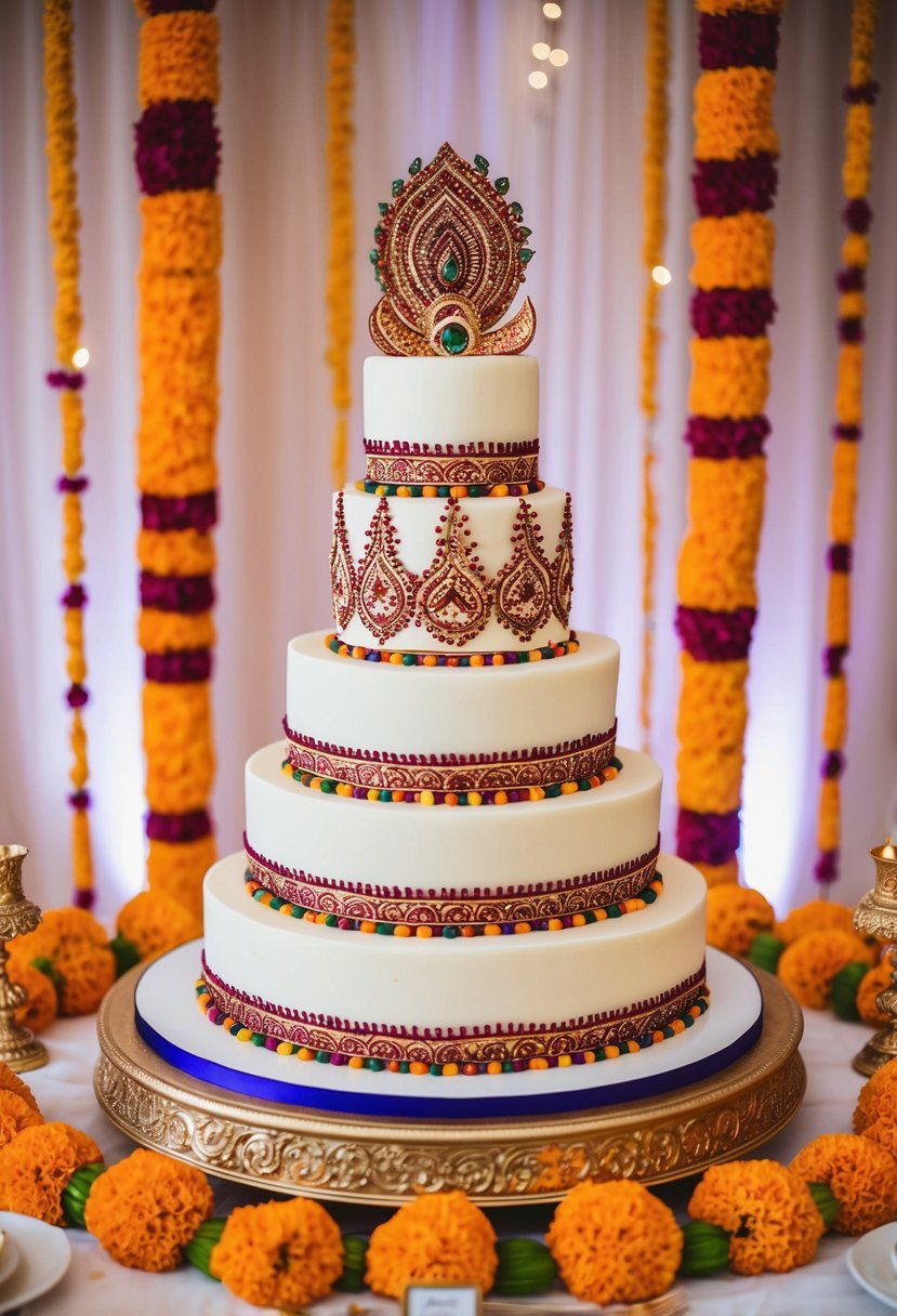 A grand tiered wedding cake adorned with intricate henna-inspired designs and vibrant colors, surrounded by marigold garlands and ornate gold accents