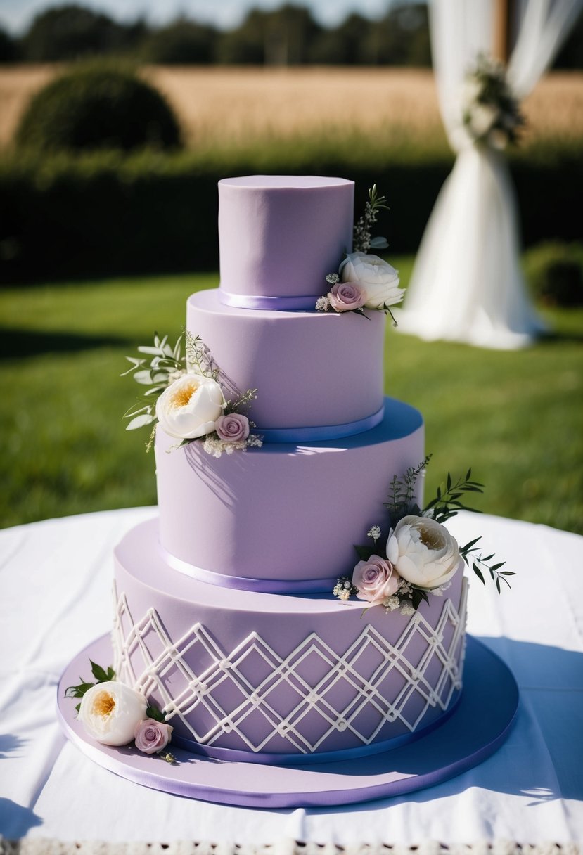 A three-tiered lavender wedding cake with geometric patterns and floral accents