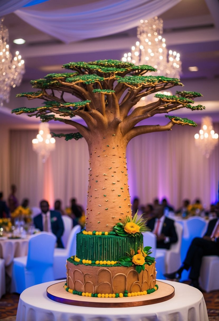 A towering baobab tree-shaped cake stands as the centerpiece of a Kenyan wedding, adorned with intricate details and vibrant colors