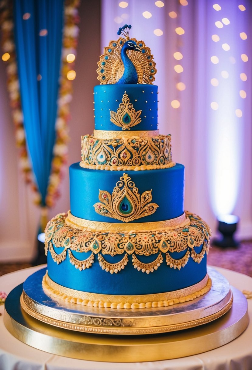 A grand royal peacock cake adorned with intricate Indian wedding motifs and vibrant colors