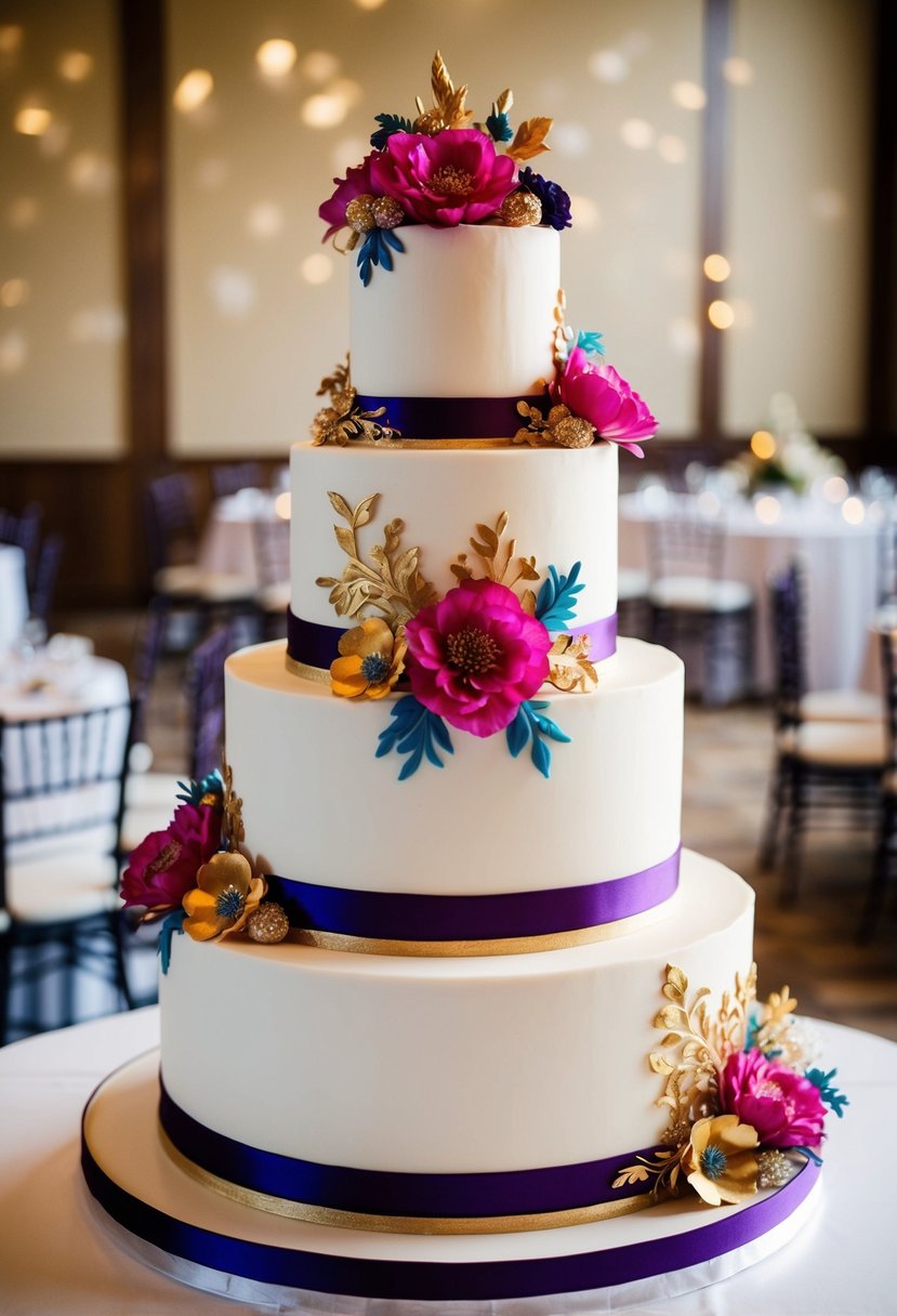 A multi-tiered wedding cake adorned with intricate floral designs in vibrant colors, accented with gold and jewel-toned accents