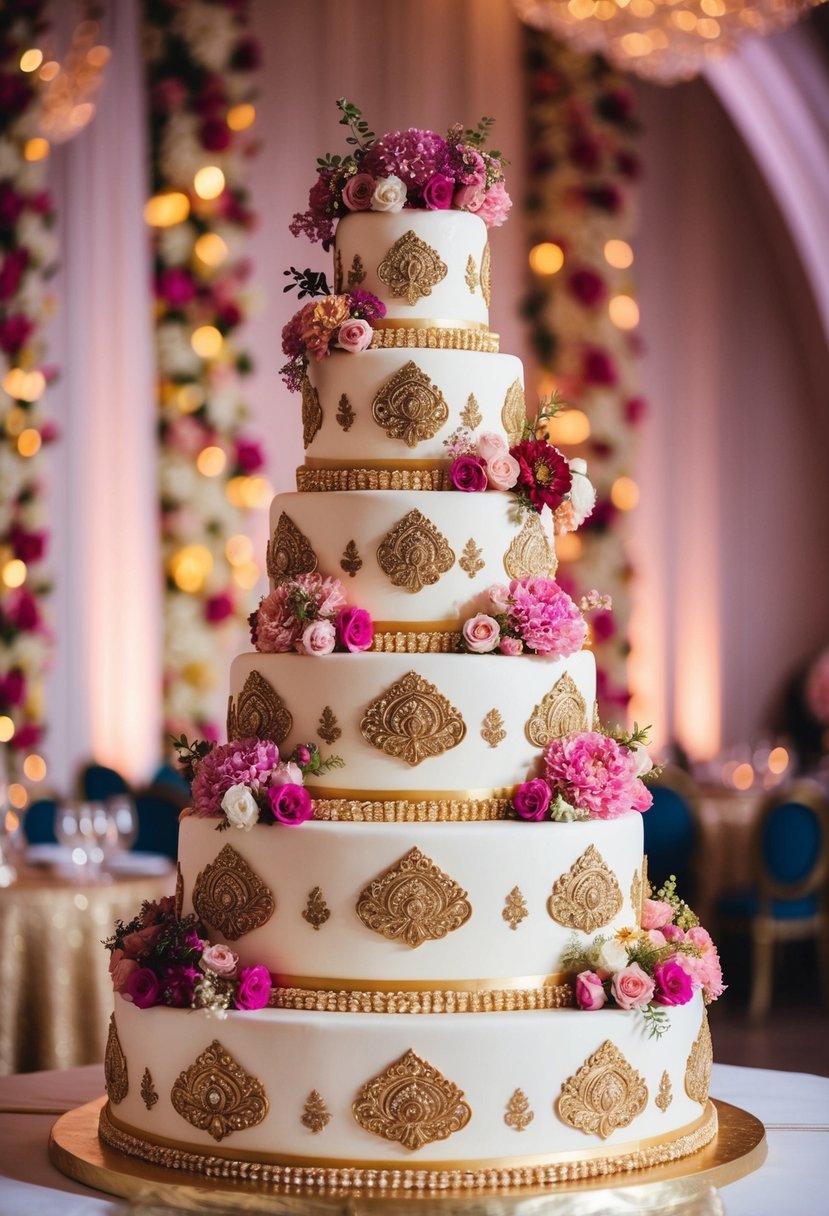 A grand, tiered Indian wedding cake adorned with intricate gold detailing and vibrant floral designs