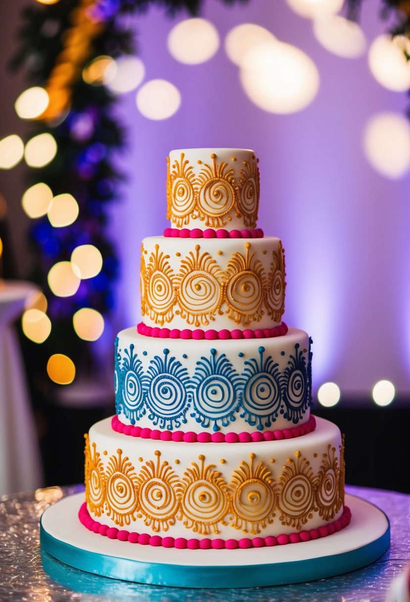 A three-tiered wedding cake adorned with intricate henna-inspired patterns in vibrant colors