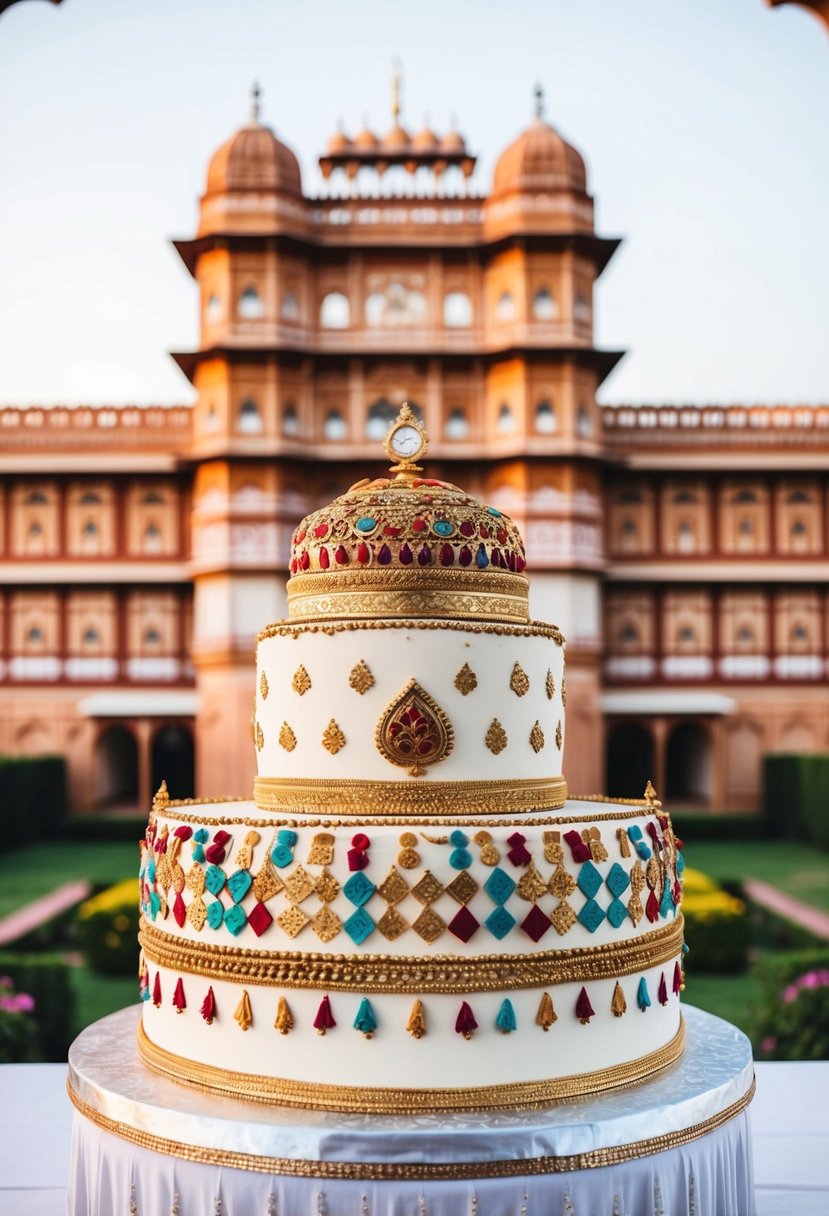 A grand Rajasthani palace adorned with colorful decorations for an Indian wedding cake