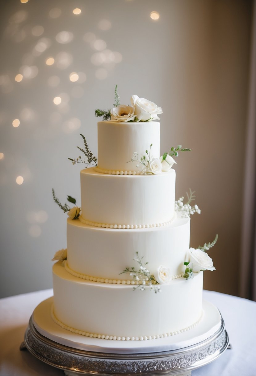 A white three-tiered wedding cake adorned with delicate floral decorations and a simple, elegant design