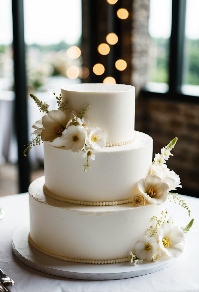 A pristine white, single-layer wedding cake adorned with delicate vanilla flowers and elegant piping details