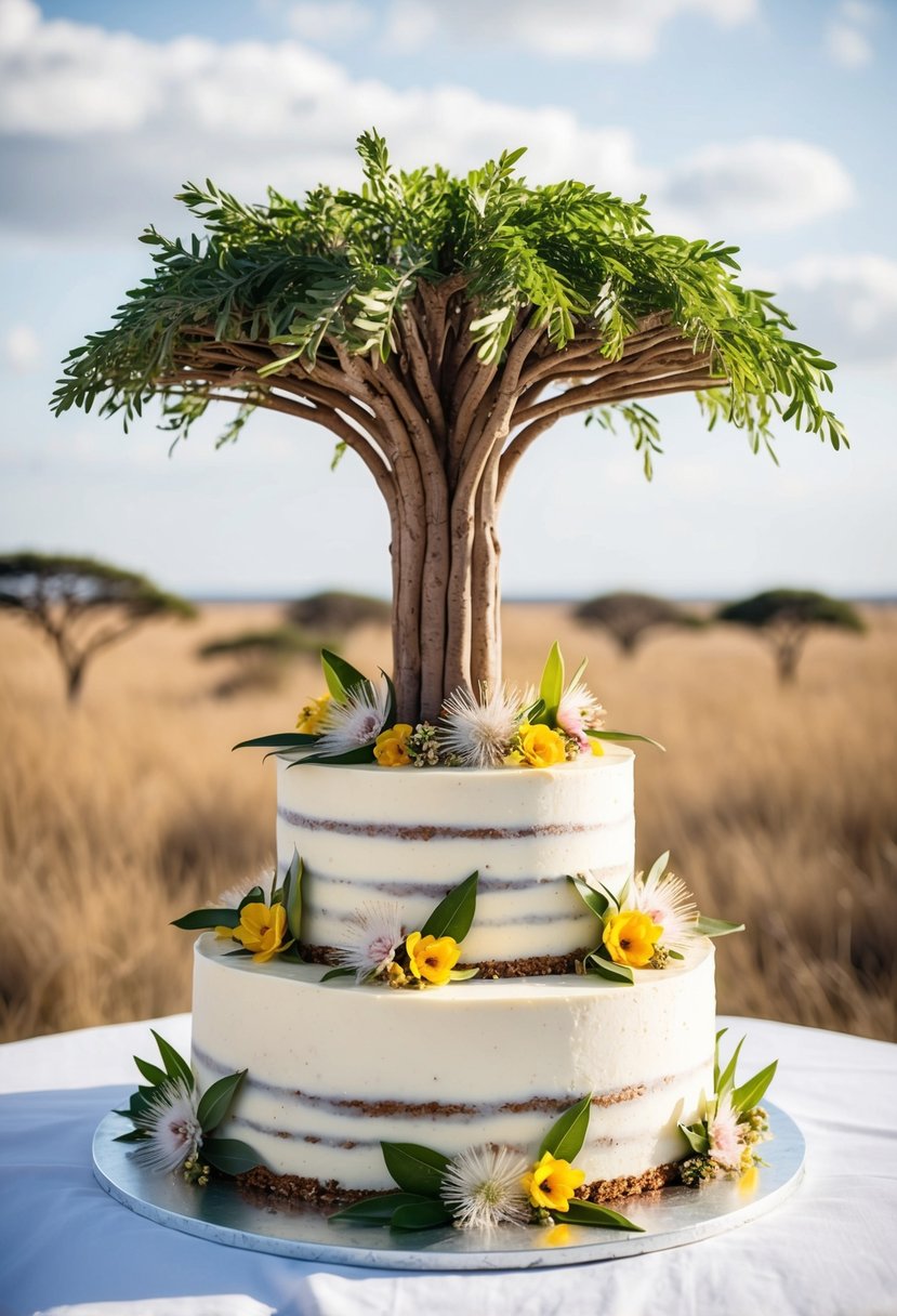 A tiered cake shaped like an acacia tree, adorned with edible leaves and flowers, set against a backdrop of the Kenyan savanna