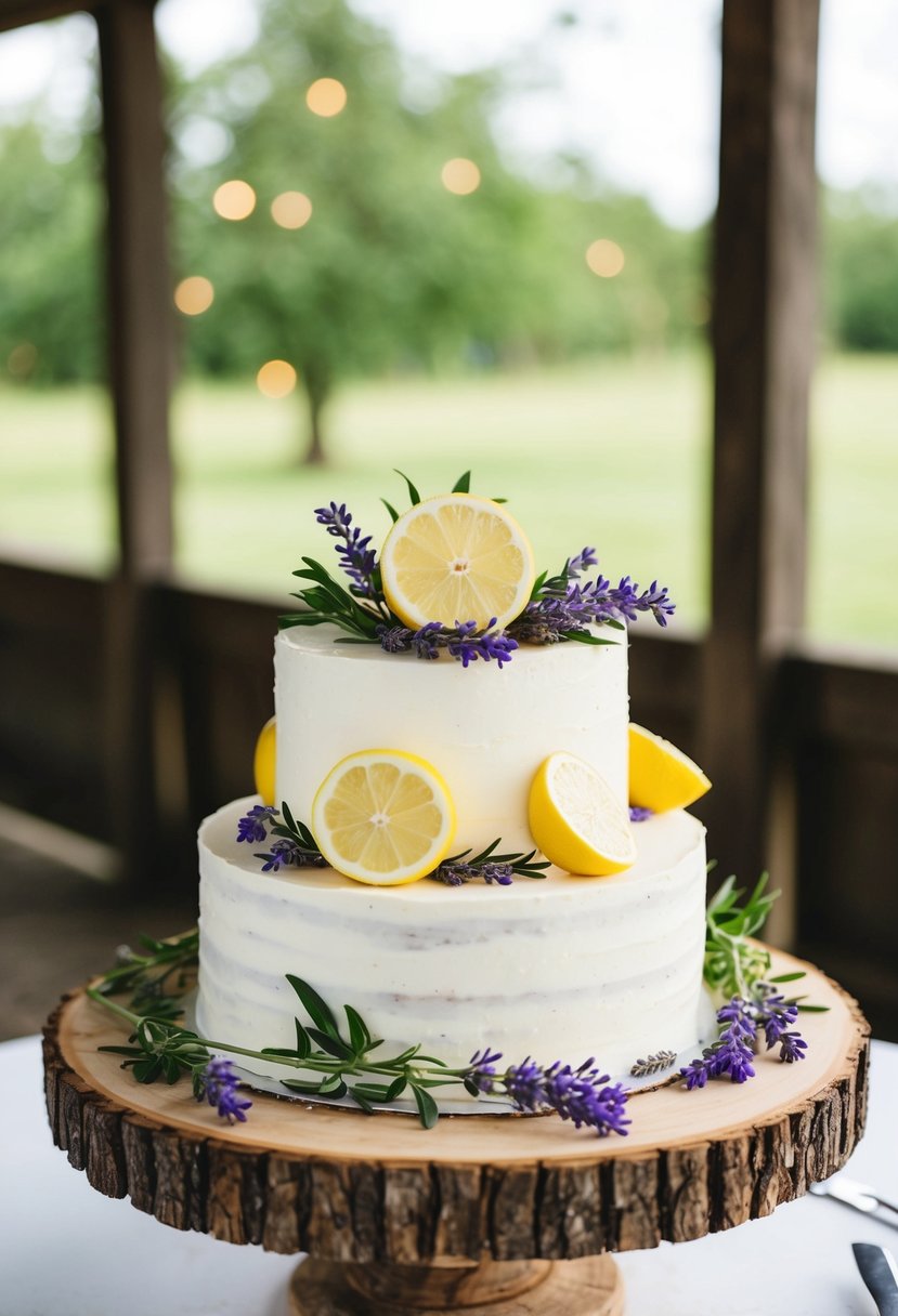 A single-tier wedding cake adorned with fresh lemon slices and lavender sprigs on a rustic wooden cake stand