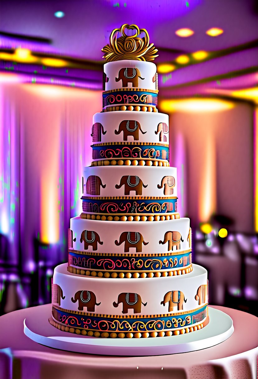 An ornate three-tiered wedding cake adorned with intricate elephant motifs in gold and vibrant colors