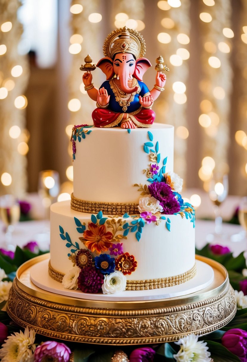 A grand wedding cake adorned with a decorative Ganesh topper, surrounded by vibrant Indian floral motifs and intricate gold detailing