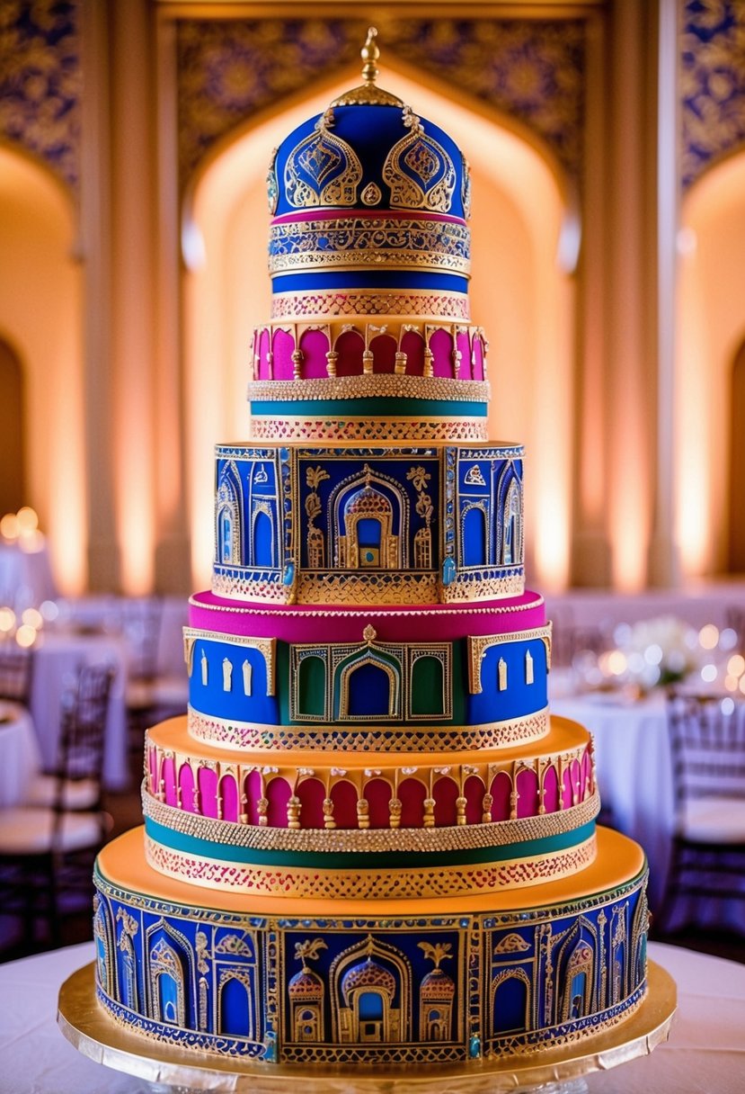 A multi-tiered wedding cake with intricate Taj Mahal-inspired designs in vibrant Indian colors