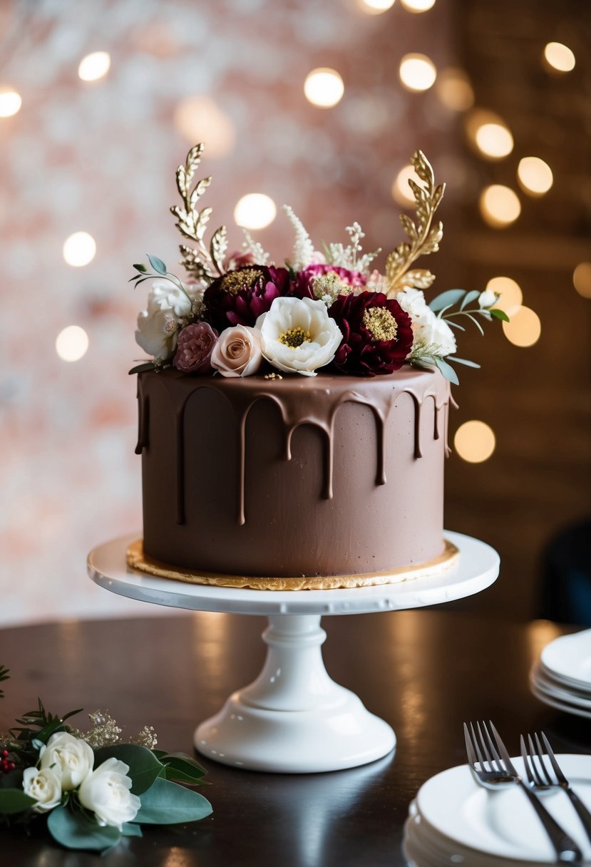 A rich, smooth chocolate ganache wedding cake with intricate floral decorations and elegant gold accents