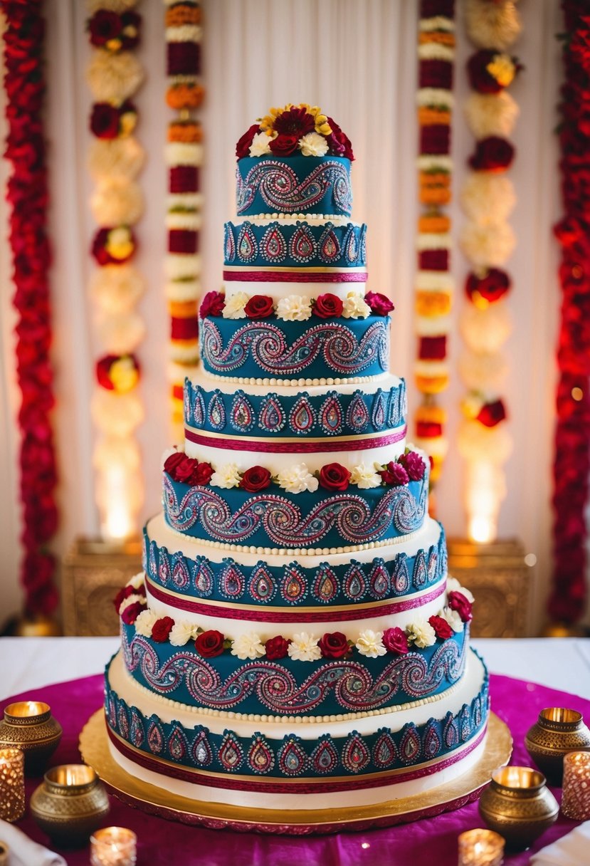 A multi-tiered wedding cake adorned with intricate paisley patterns in vibrant colors, surrounded by traditional Indian wedding decor