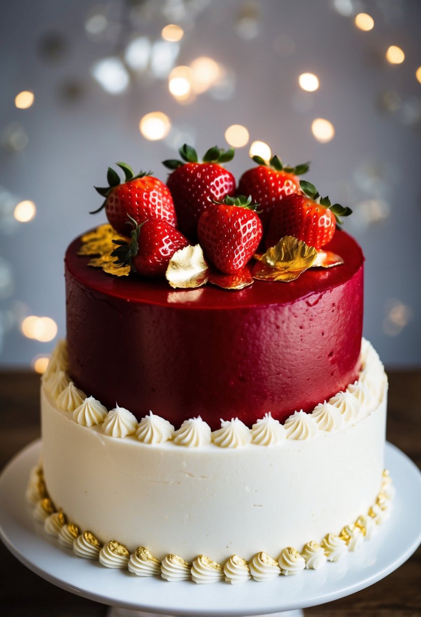 A red velvet wedding cake with delicate cream cheese frosting, adorned with fresh strawberries and edible gold leaf accents