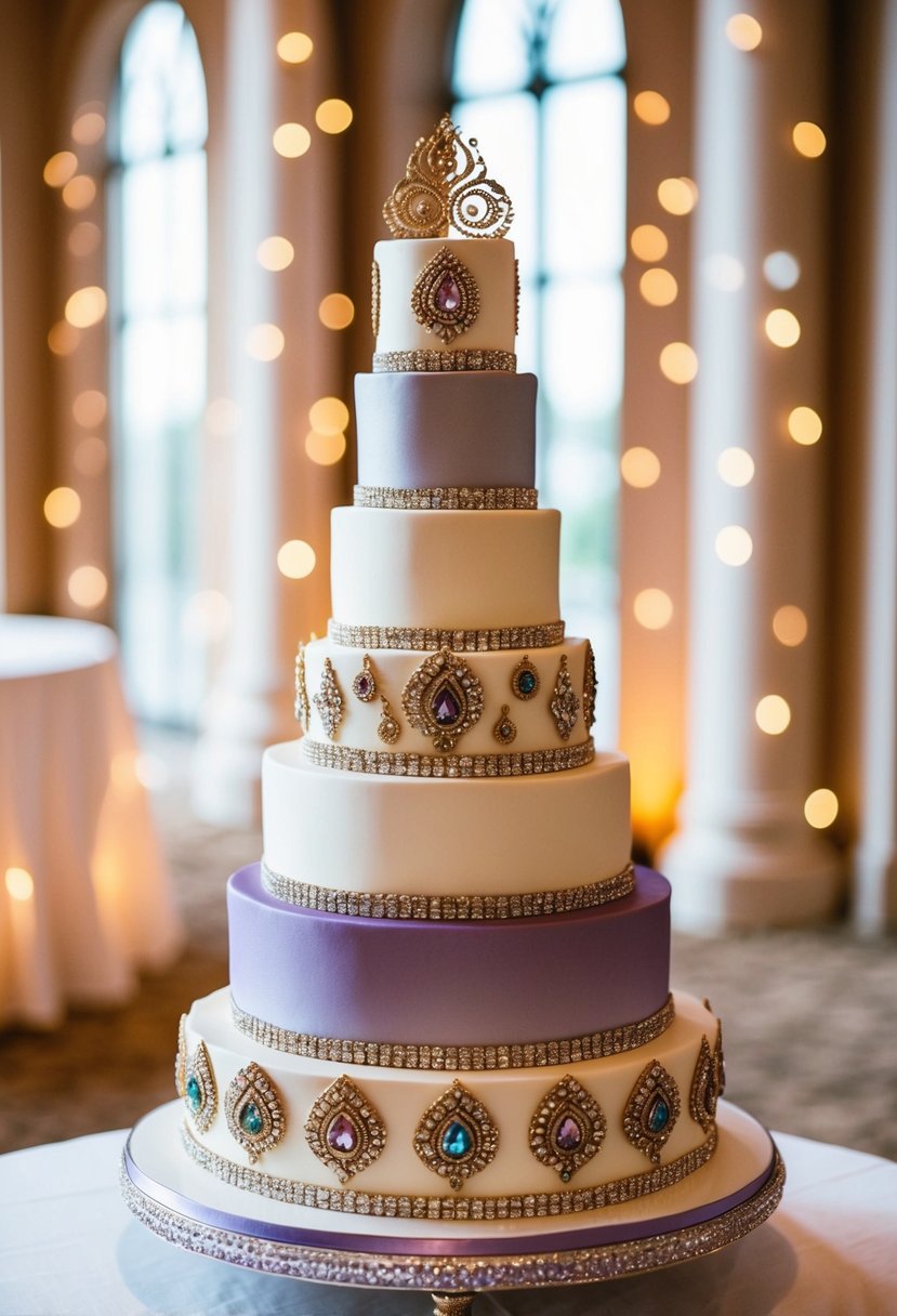 A multi-tiered wedding cake with a jeweled ombré finish, adorned with intricate Indian-inspired designs and patterns