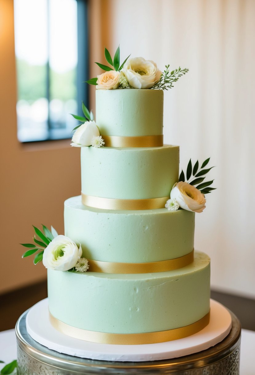 A three-tiered wedding cake with a smooth, pale green matcha green tea frosting, adorned with delicate gold leaf detailing and fresh flower accents