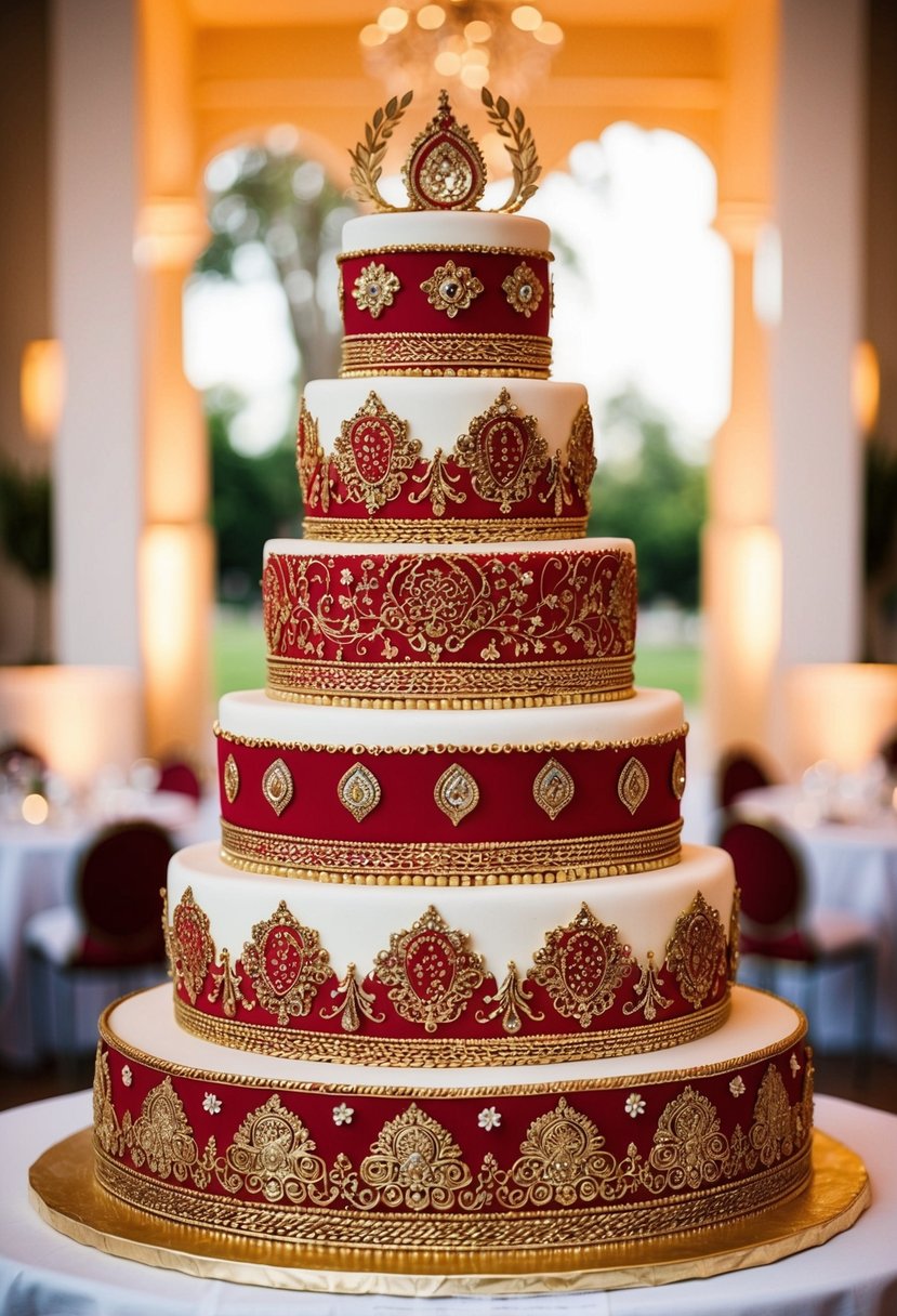 A tiered wedding cake adorned with intricate red and gold designs, featuring traditional Indian motifs and patterns