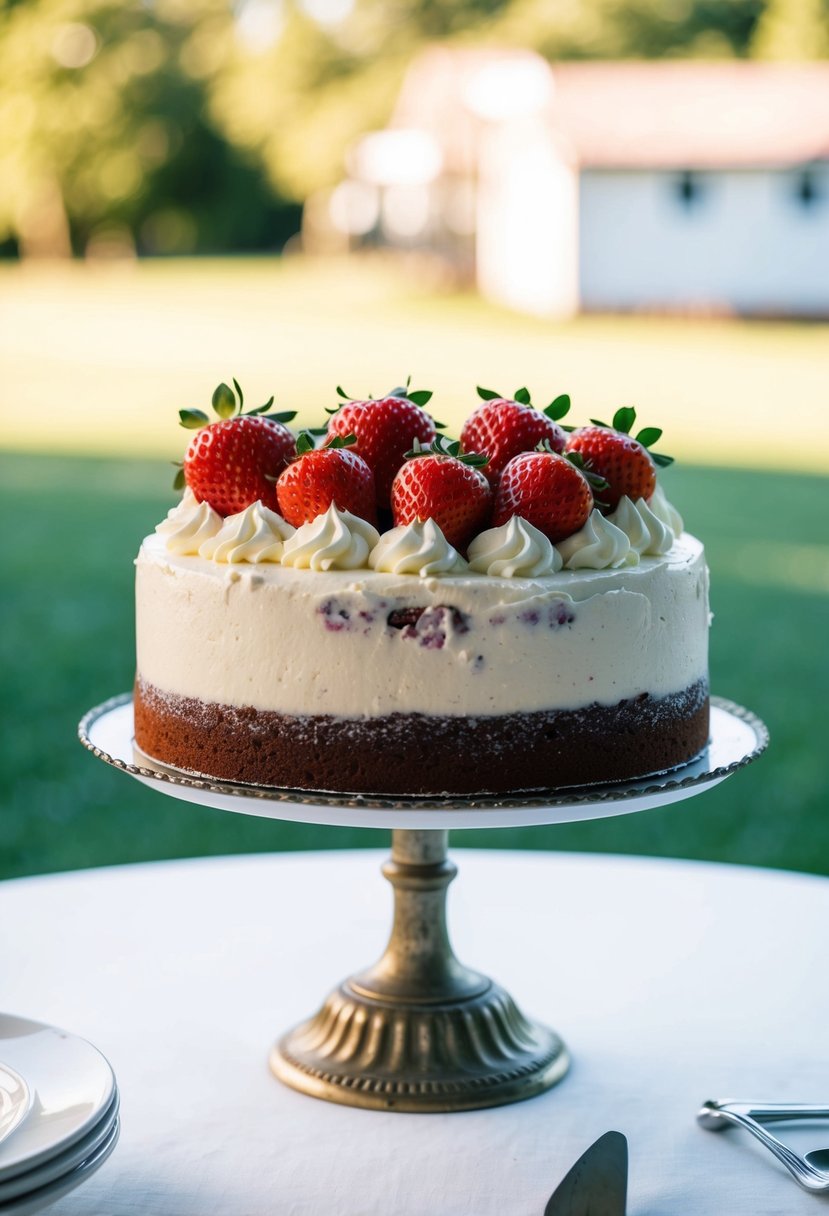 A single-layer wedding cake adorned with fresh strawberries and whipped cream, set on a vintage cake stand