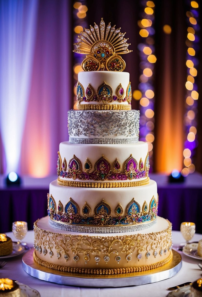 A grand, tiered wedding cake adorned with colorful, intricate Indian-inspired designs and sparkling with glittering gold and silver accents