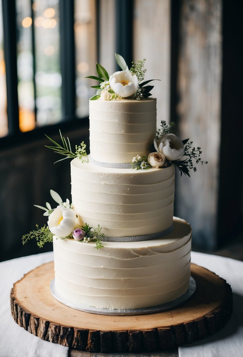 A three-tiered wedding cake with coconut cream frosting, adorned with delicate flowers and greenery, sitting on a rustic wooden table