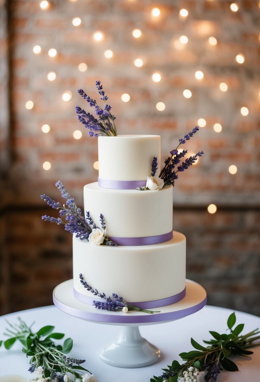 A delicate, single-tier wedding cake adorned with Earl Grey Lavender Charm, surrounded by fresh lavender sprigs and delicate floral accents