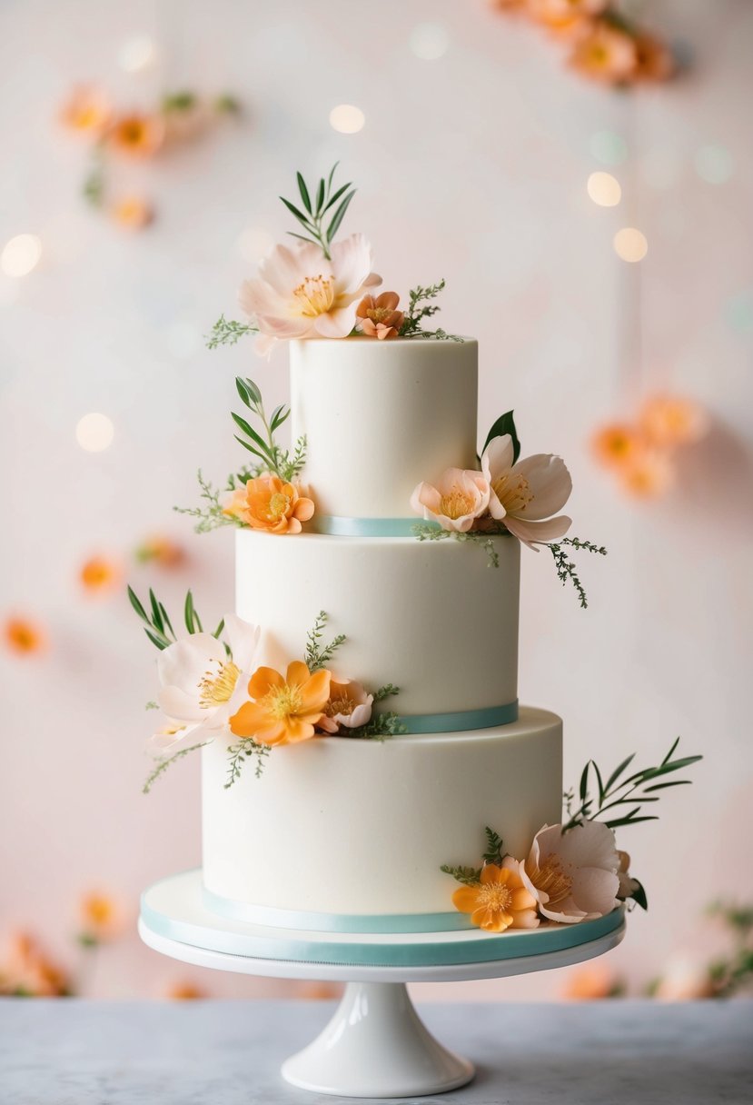 A three-tiered wedding cake adorned with delicate orange blossom flowers and greenery, set against a soft, pastel background