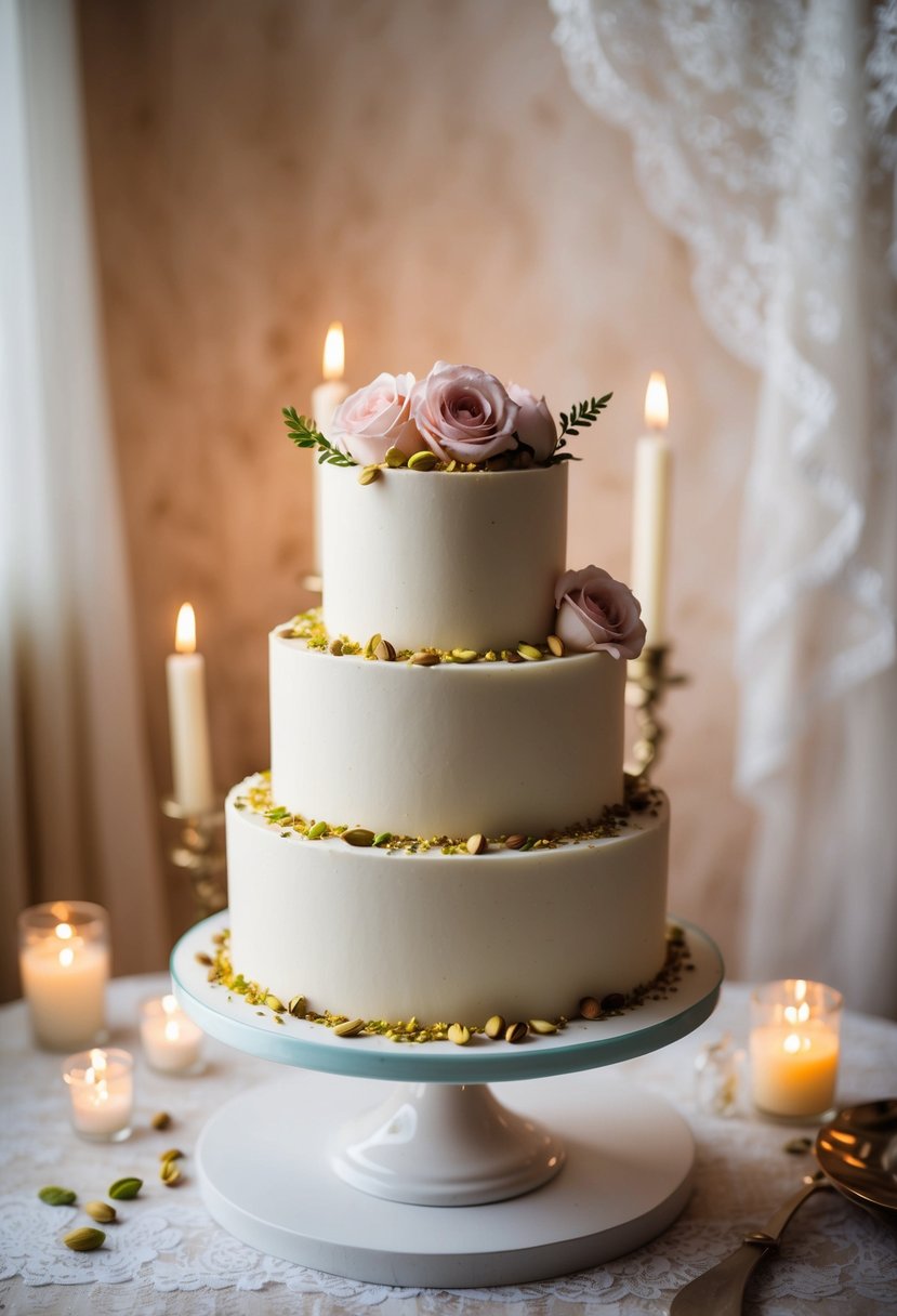 A single-tier wedding cake adorned with pistachios and delicate rose petals, set against a romantic backdrop of soft candlelight and vintage lace