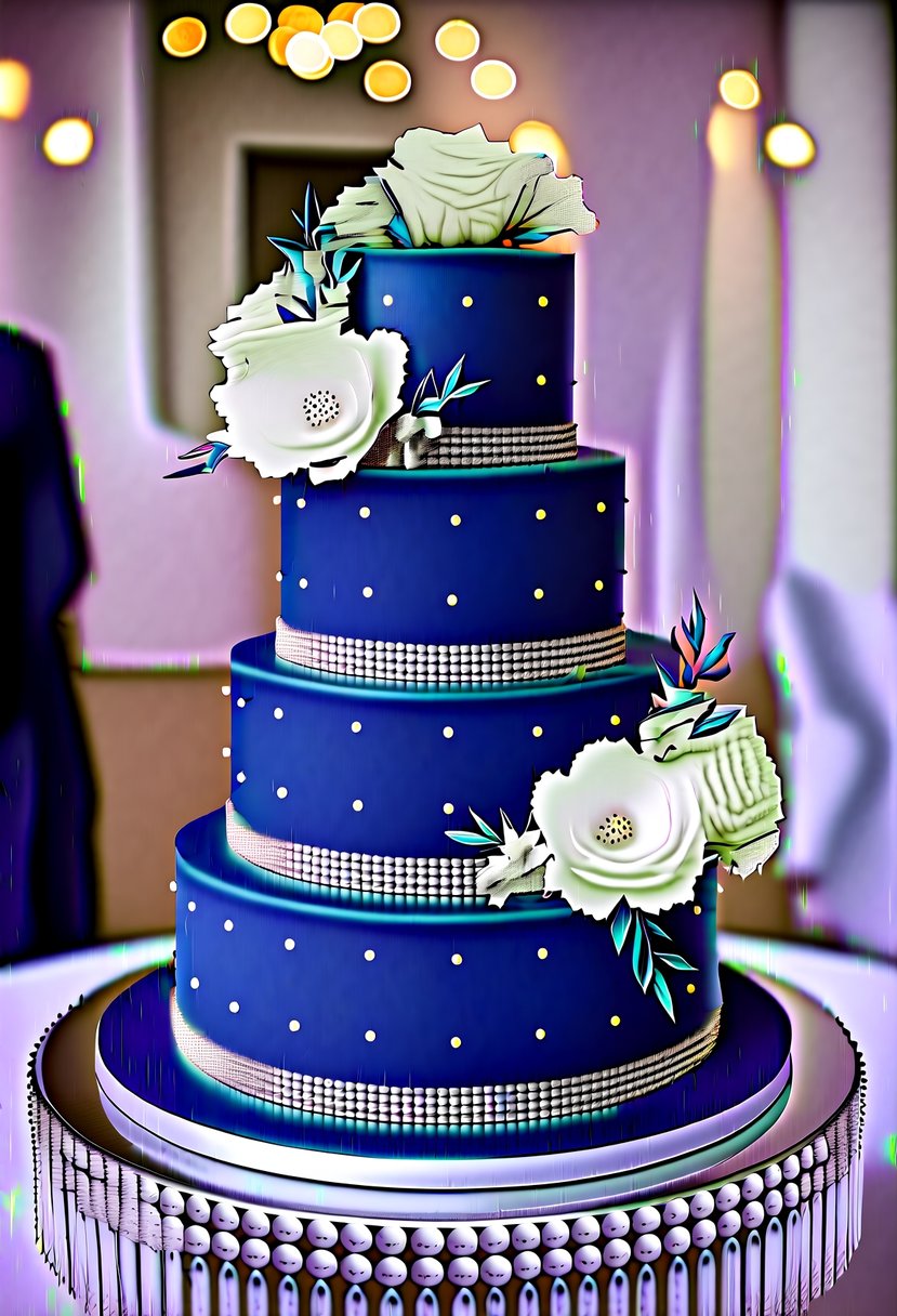 A three-tiered navy blue wedding cake adorned with white floral accents and silver embellishments sits on a crystal-studded cake stand
