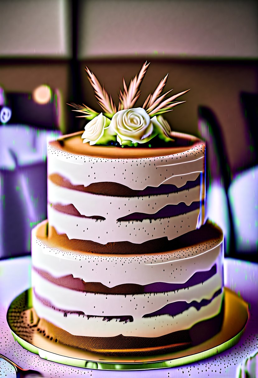 A decadent tiramisu wedding cake with layers of creamy filling, dusted with cocoa powder, and topped with delicate coffee-flavored decorations