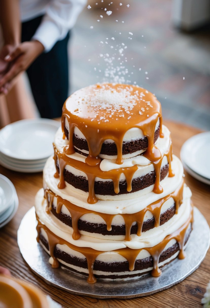 A decadent salted caramel wedding cake with layers of rich caramel frosting and a sprinkling of sea salt on top