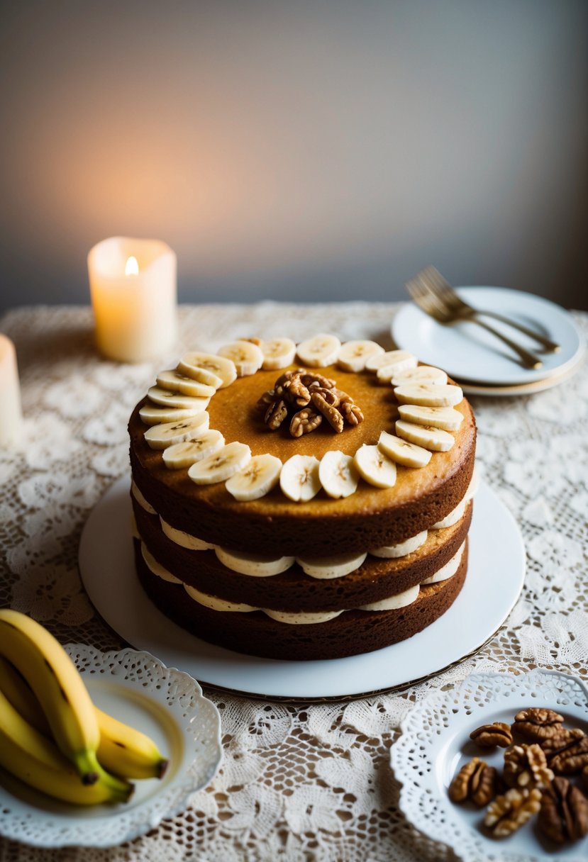 A golden one-layer cake adorned with sliced bananas and walnuts, surrounded by a delicate lace tablecloth and soft candlelight