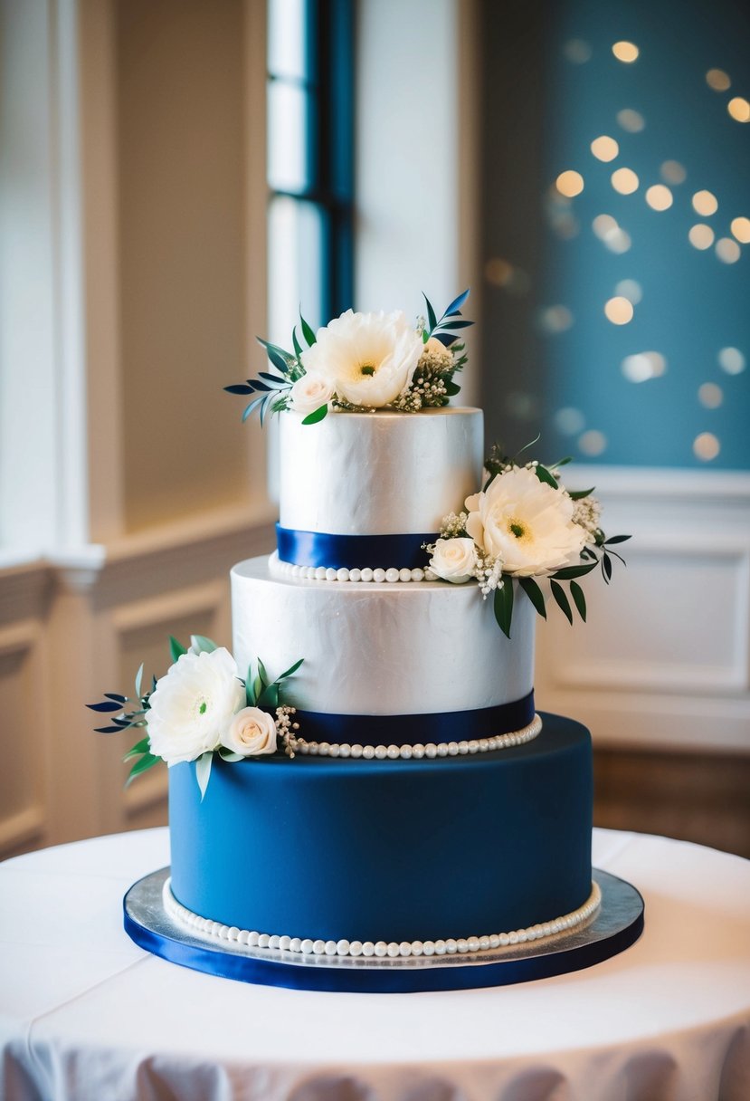 A two-tiered navy blue and silver wedding cake sits on a white table with elegant floral decorations