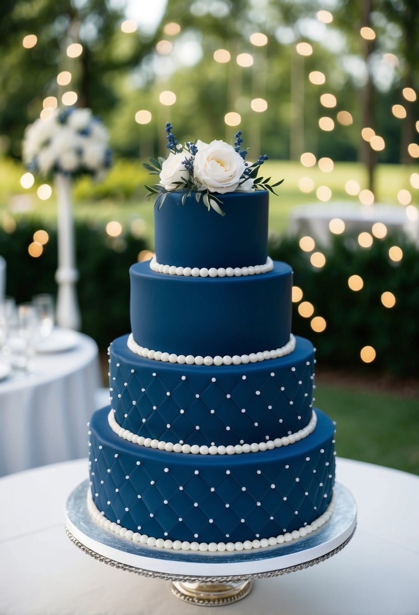 A three-tiered navy blue quilted wedding cake adorned with delicate pearl details