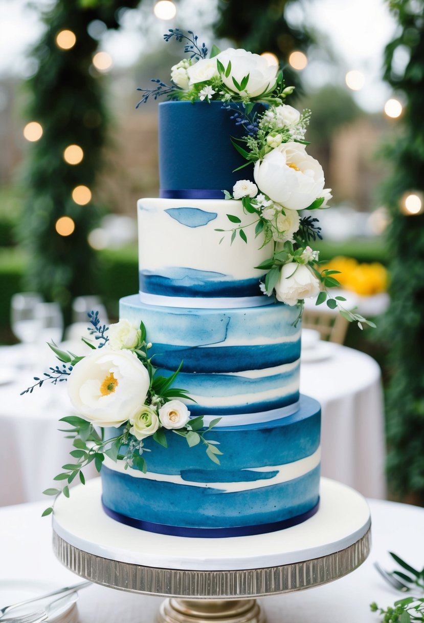A navy blue floral watercolor cake with delicate flowers and greenery cascading down the tiers