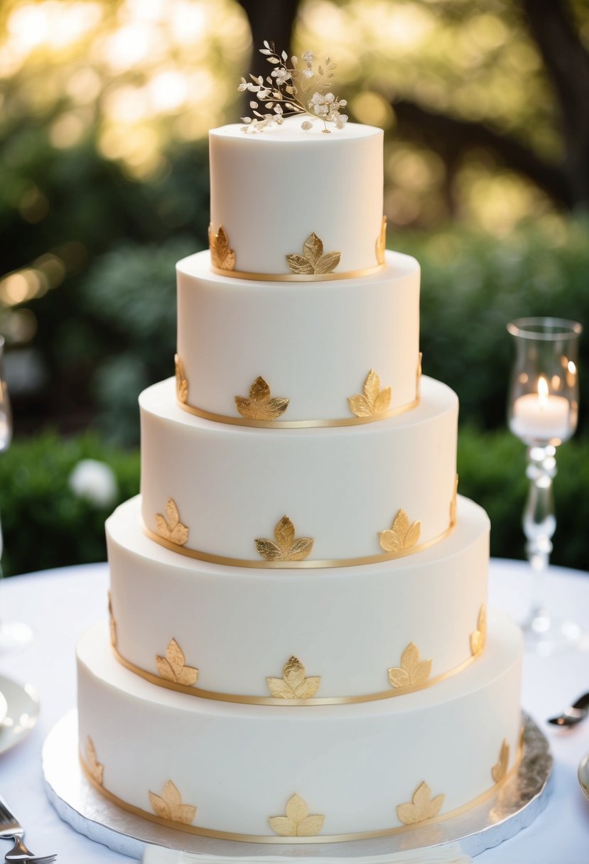 A tall, tiered wedding cake adorned with delicate edible gold leaf accents
