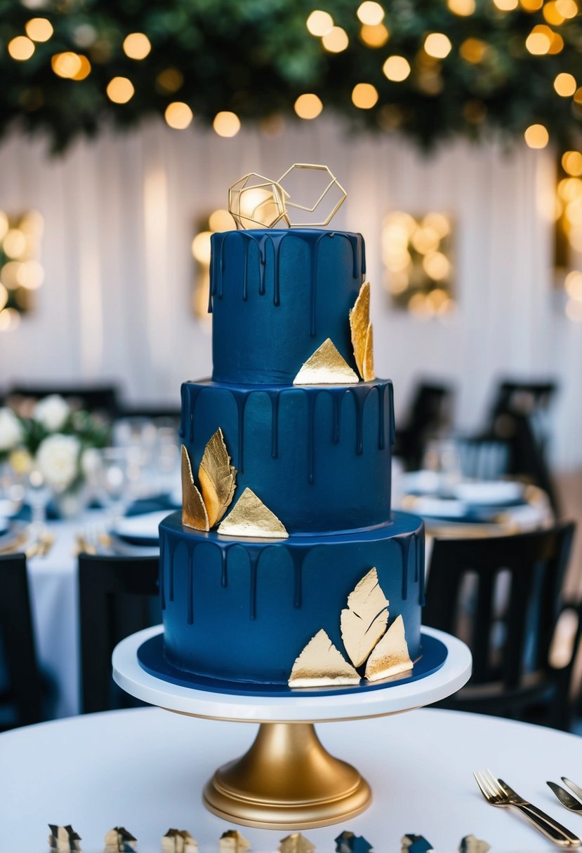 A three-tier navy blue drip cake adorned with gold leaf and modern geometric accents