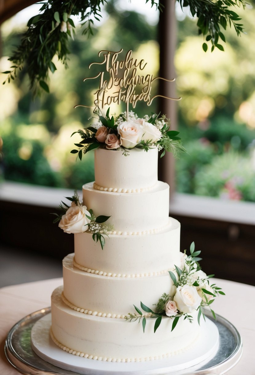 A tiered wedding cake with floral and greenery topper