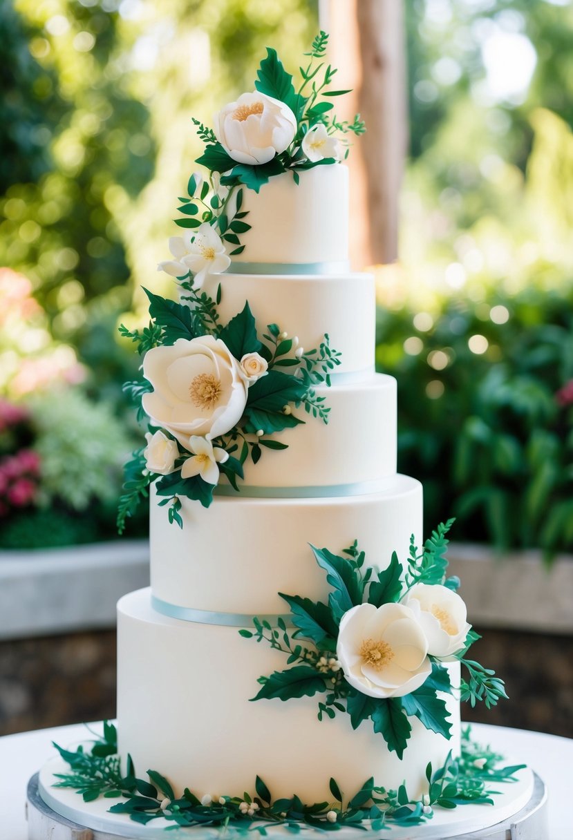 A tiered wedding cake adorned with intricate sugar flowers and foliage, inspired by a lush botanical garden