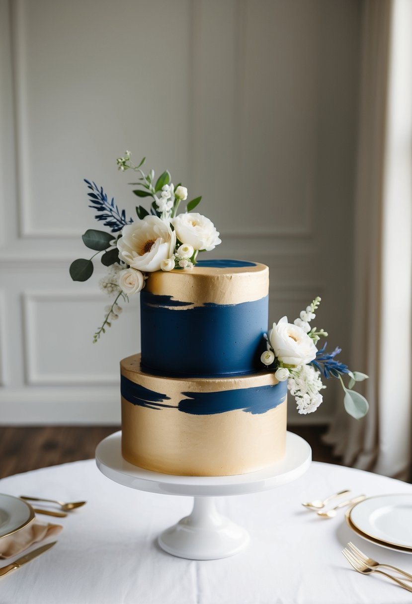 A navy blue and gold brushstroke cake sits on a white table, adorned with elegant floral accents