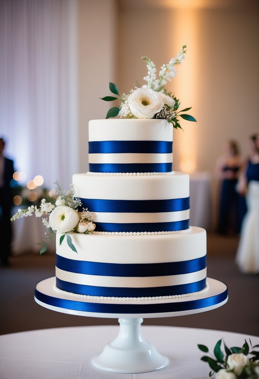 A three-tiered navy blue and ivory ribbon wedding cake on a white stand, adorned with delicate floral decorations