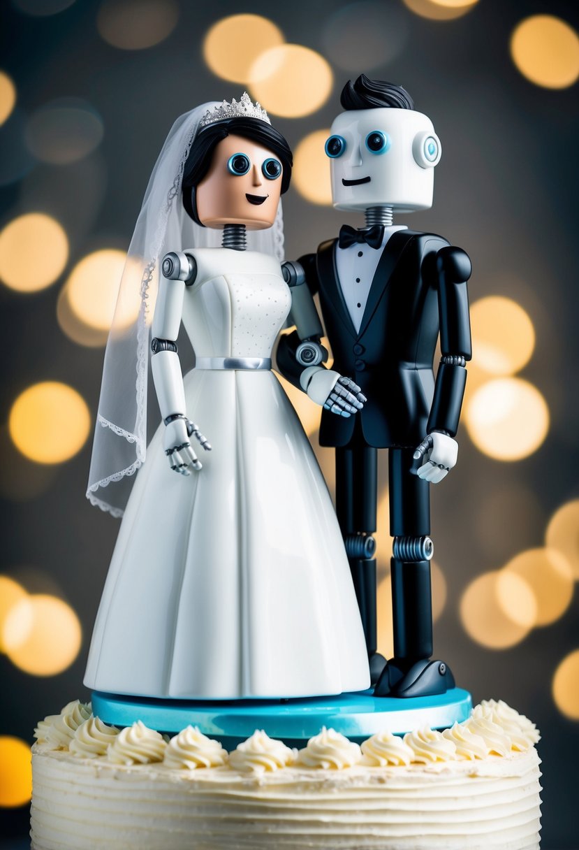 A comical robot bride and groom stand arm in arm atop a wedding cake, with the bride wearing a veil and the groom in a tuxedo