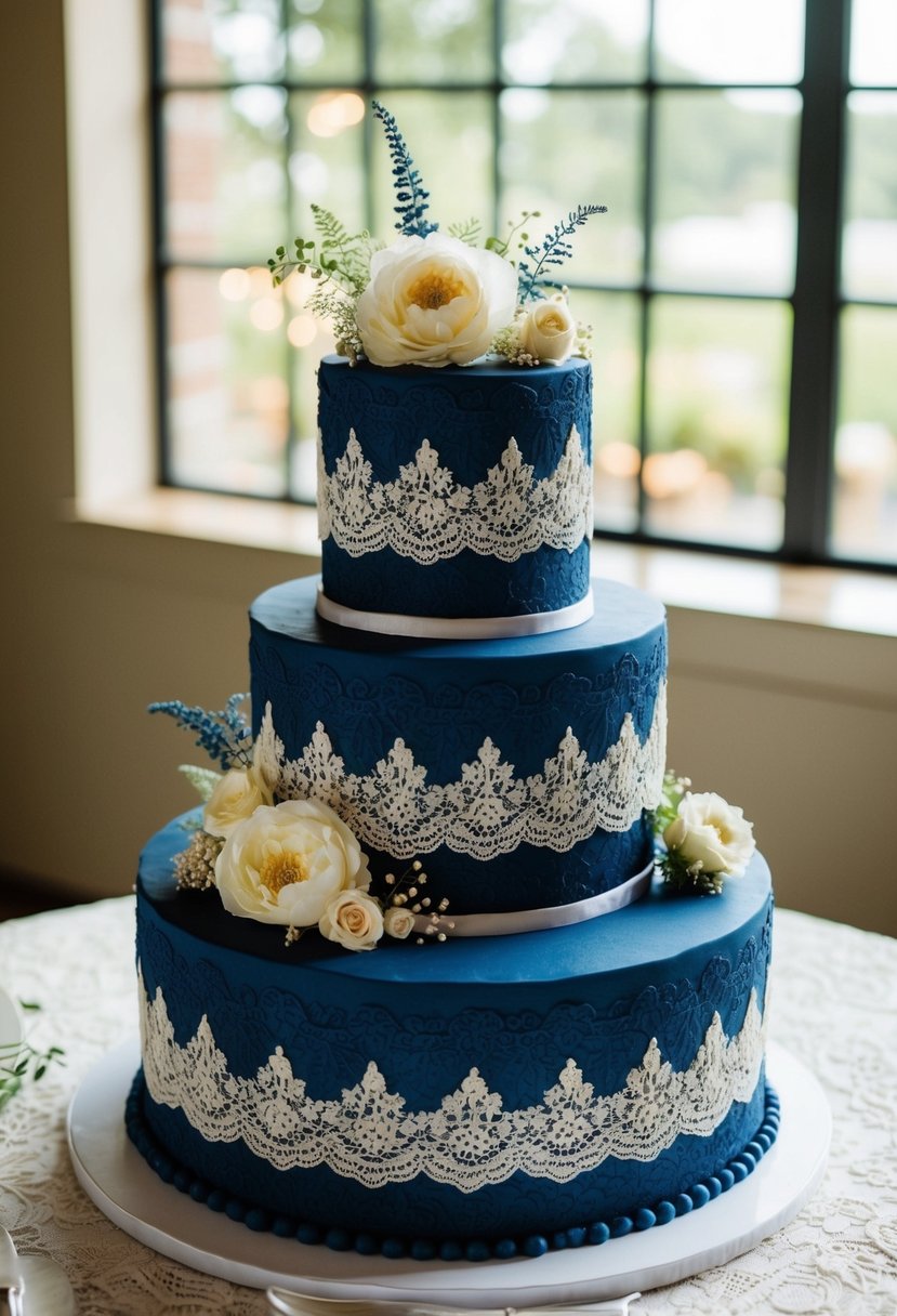 A three-tiered navy blue lace cake adorned with vintage-inspired floral details and delicate lace patterns