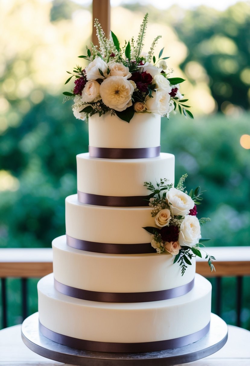 A tiered wedding cake adorned with an elegant floral arrangement as a topper