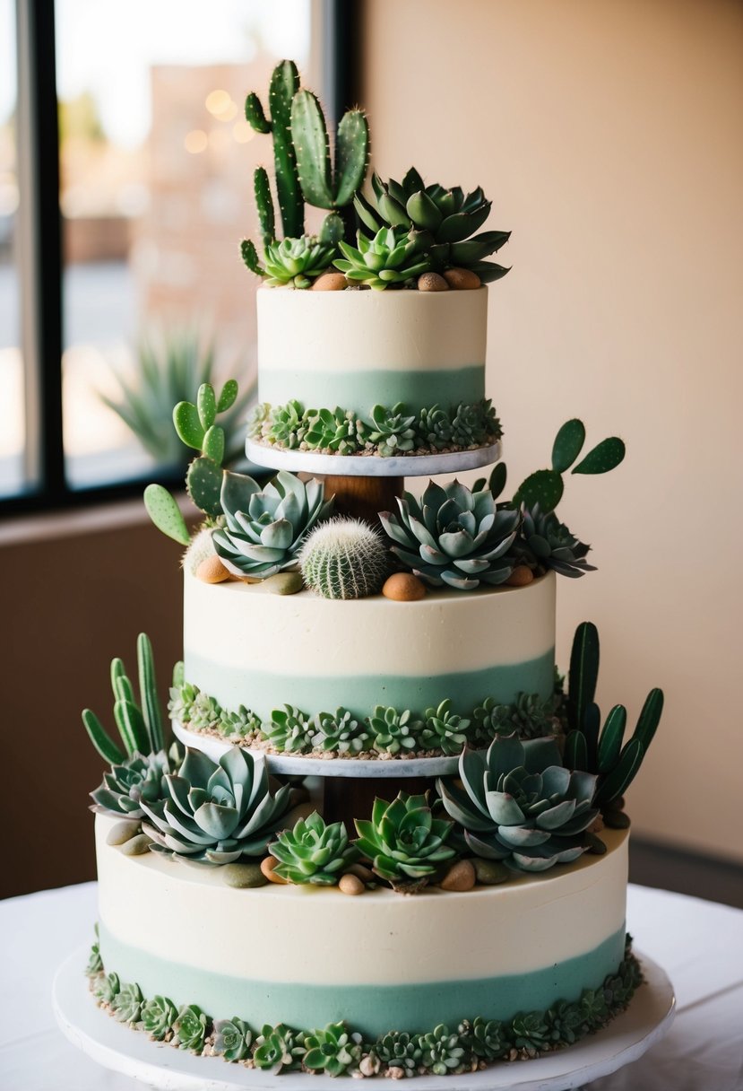A tiered wedding cake adorned with realistic-looking succulents and cacti in various shades of green and desert hues